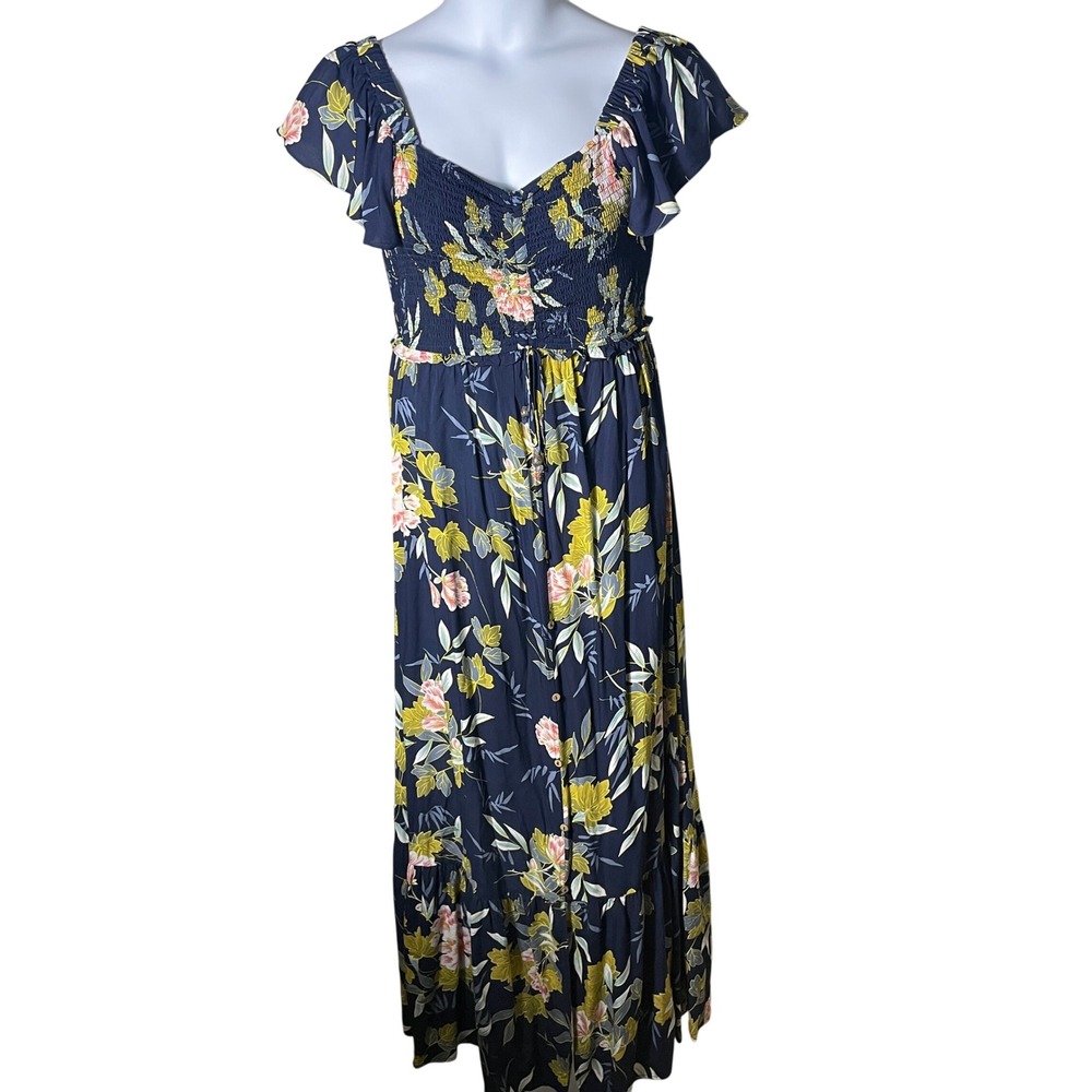 Womens Boho Milkmaid Ruffle Floral Maxi Dress Large Smocked Button Front Coastal